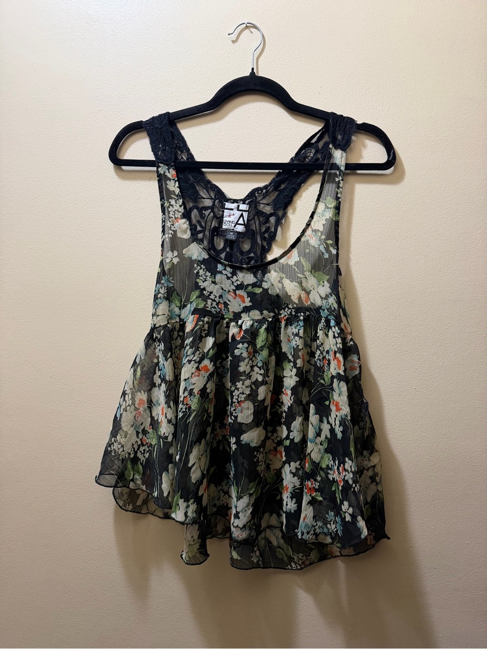 living doll Black Floral Lace-Back Sheer Camisole